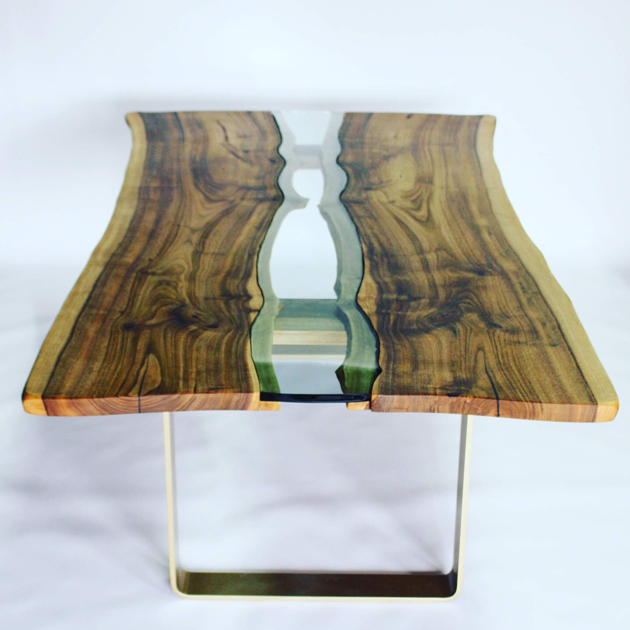 River table with blue glass and live edge walnut